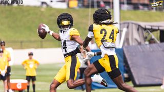 Steelers' Magnificent George Pickens Explains 1-Handed Grabs With A Familiar Tomlinism (Steelers News). Photo by Jordan Schofield / SteelerNation (X: @JSKO_PHOTO)